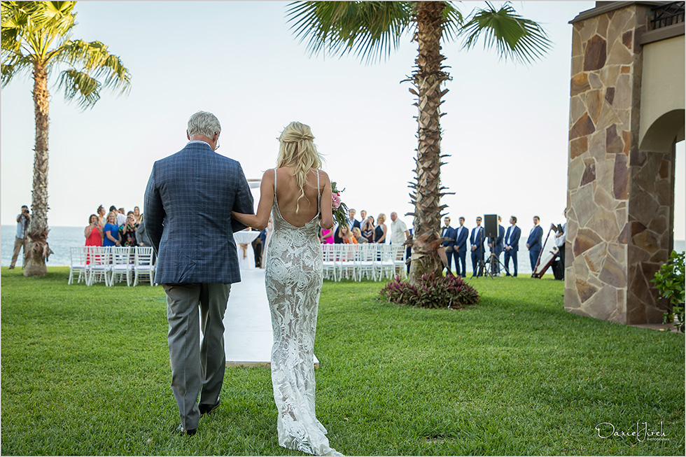 Bride and father walk down the aisle at Los Cabos wedding