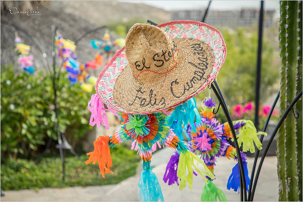 Piñatas and sombreros decorate Mexican themed welcome party setup at Villa Vista Ballena